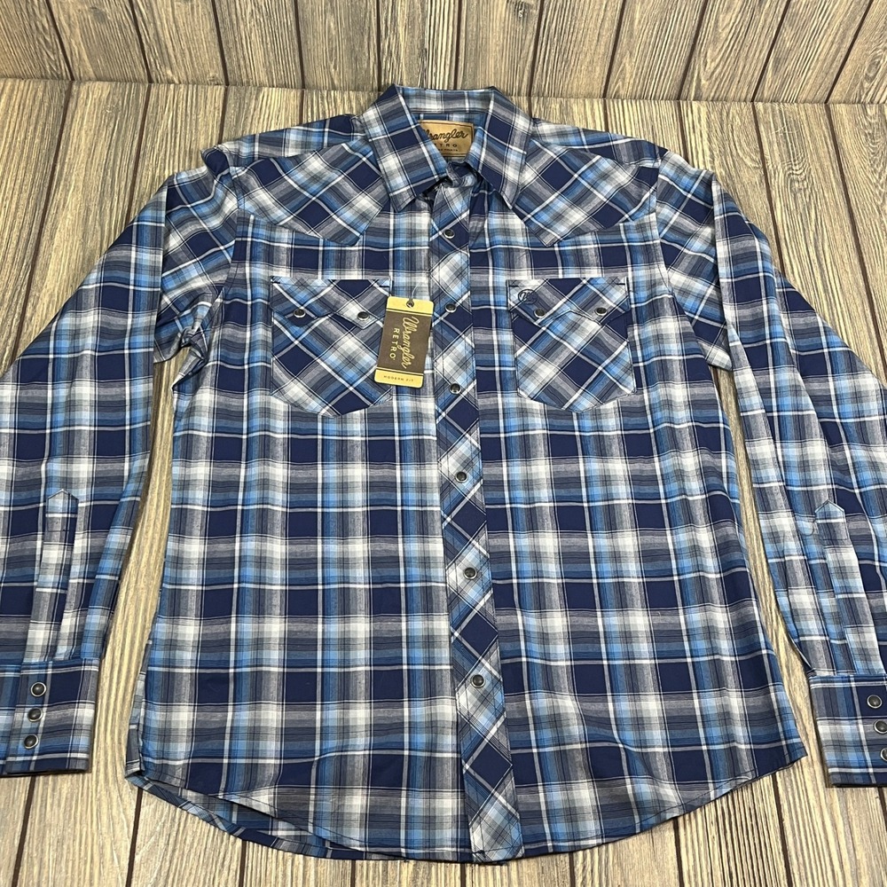 Wrangler Western Cowboy Shirt Men‎ M Blue Plaid Retro Pearl Snap Casual Ranch